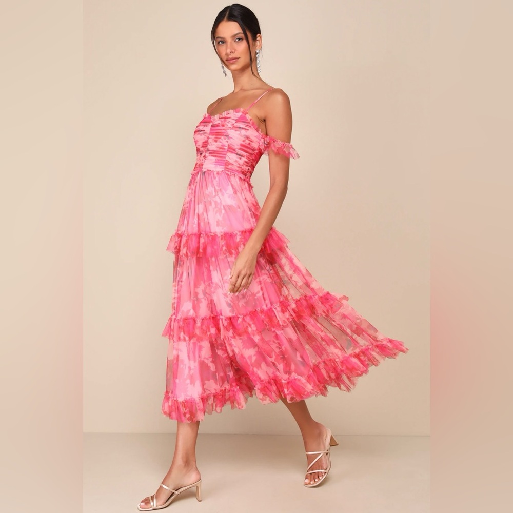 NWT LULUS Exquisite Existence Pink Floral Mesh Pleated Ruffled Midi Dress